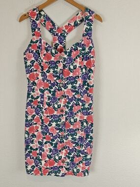 VTG Spoiled Girls Floral Denim Mini Dress 100% Cotton V-Neck Button Cottagecore